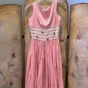 Vintage 50's 60's Pink & White Gingham Short Dress w Flower Details